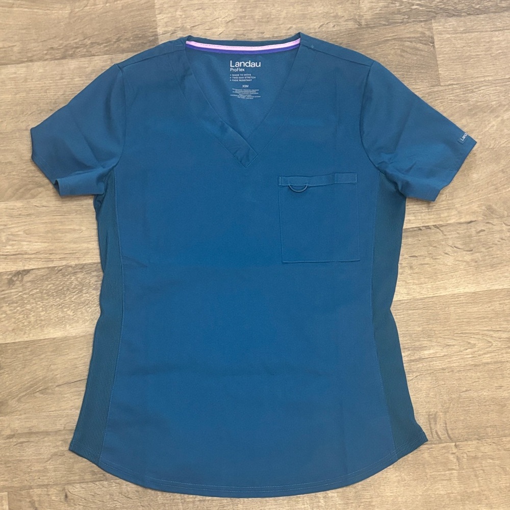 Landau Teal V-Neck Scrub Top with Pocket